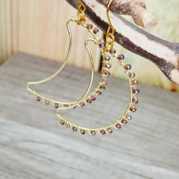 Gold Crescent Moon Beaded Dangle Earrings - 2.5" - Boho Celestial - Picture 10 of 10